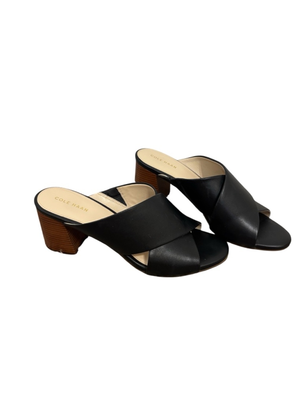 Cole Haan Black Leather Cross‑Band Block Heel Mules